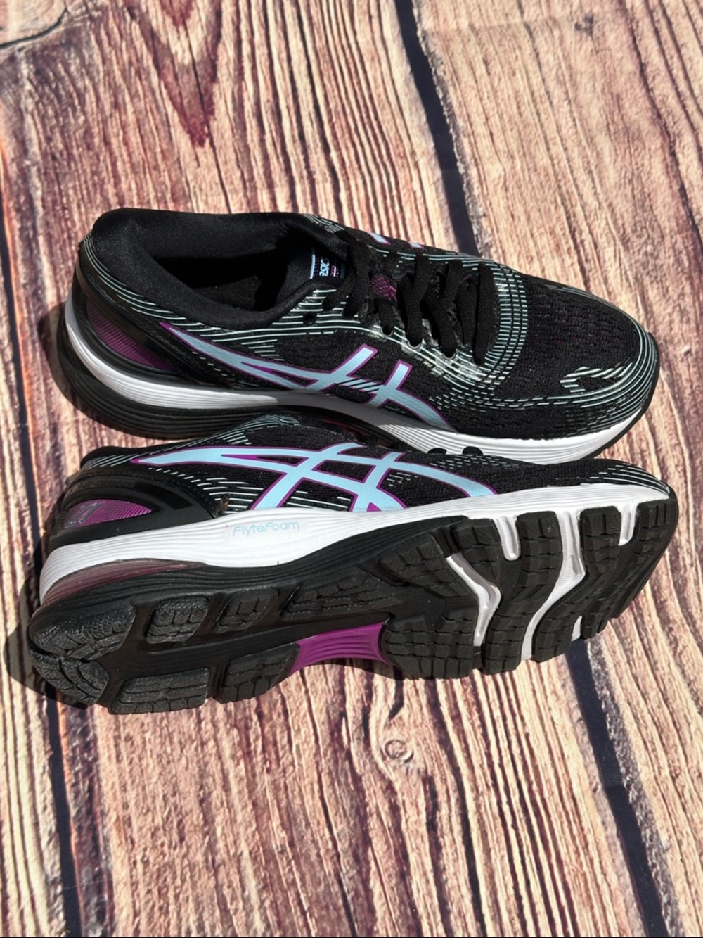 ASICS Women's Black with baby blue & Purple Athletic Running Shoes - Picture 2 of 8